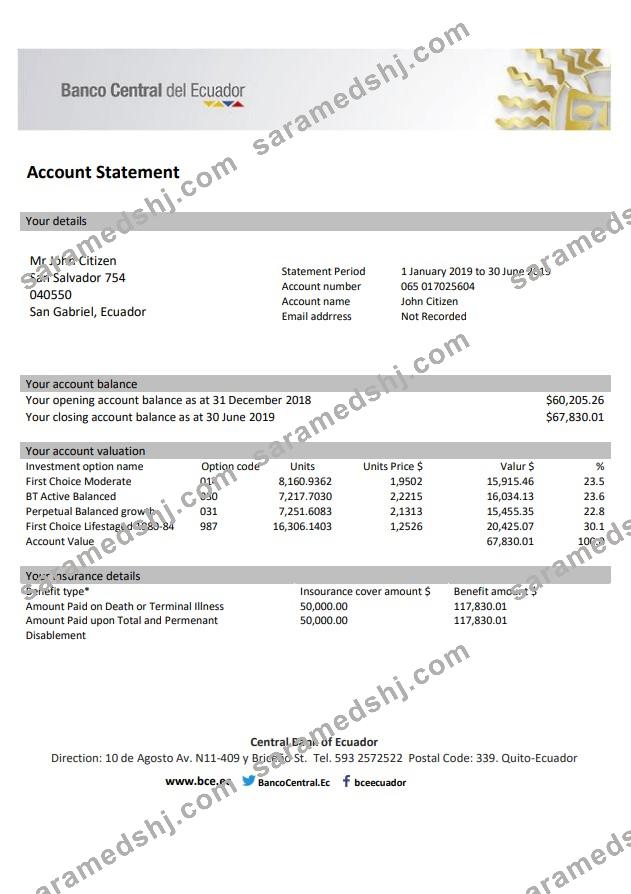 Ecuador Central Bank of Ecuador bank statement